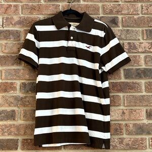 Hollister Men's Polo Shirt with Brown and White Stripes
